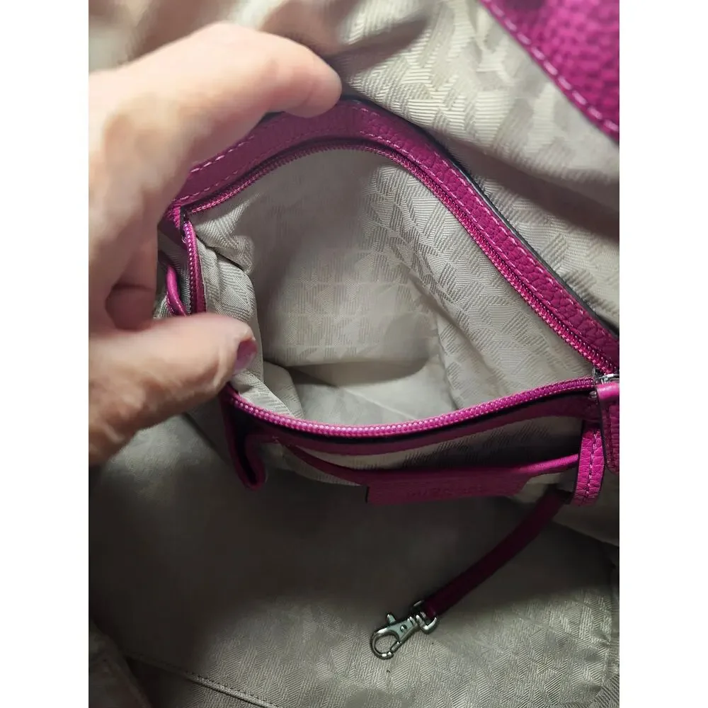 Michael Kors Tote Bag Fuchsia Leather Silver Shoulder Minimalist MK Charm